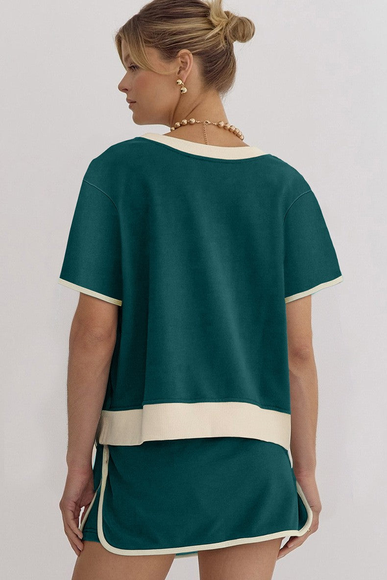 Women's Colorblock Edge Drop Shoulder T-Shirt Skort 2Pcs Set (Buy 2 Free Shipping)