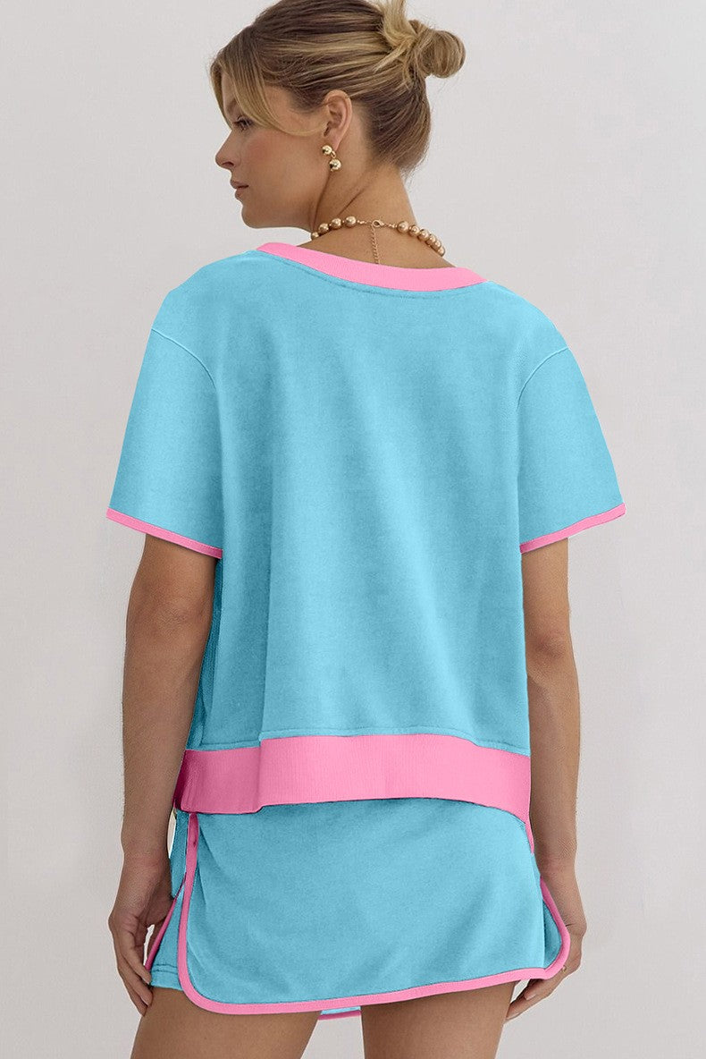 Women's Colorblock Edge Drop Shoulder T-Shirt Skort 2Pcs Set (Buy 2 Free Shipping)
