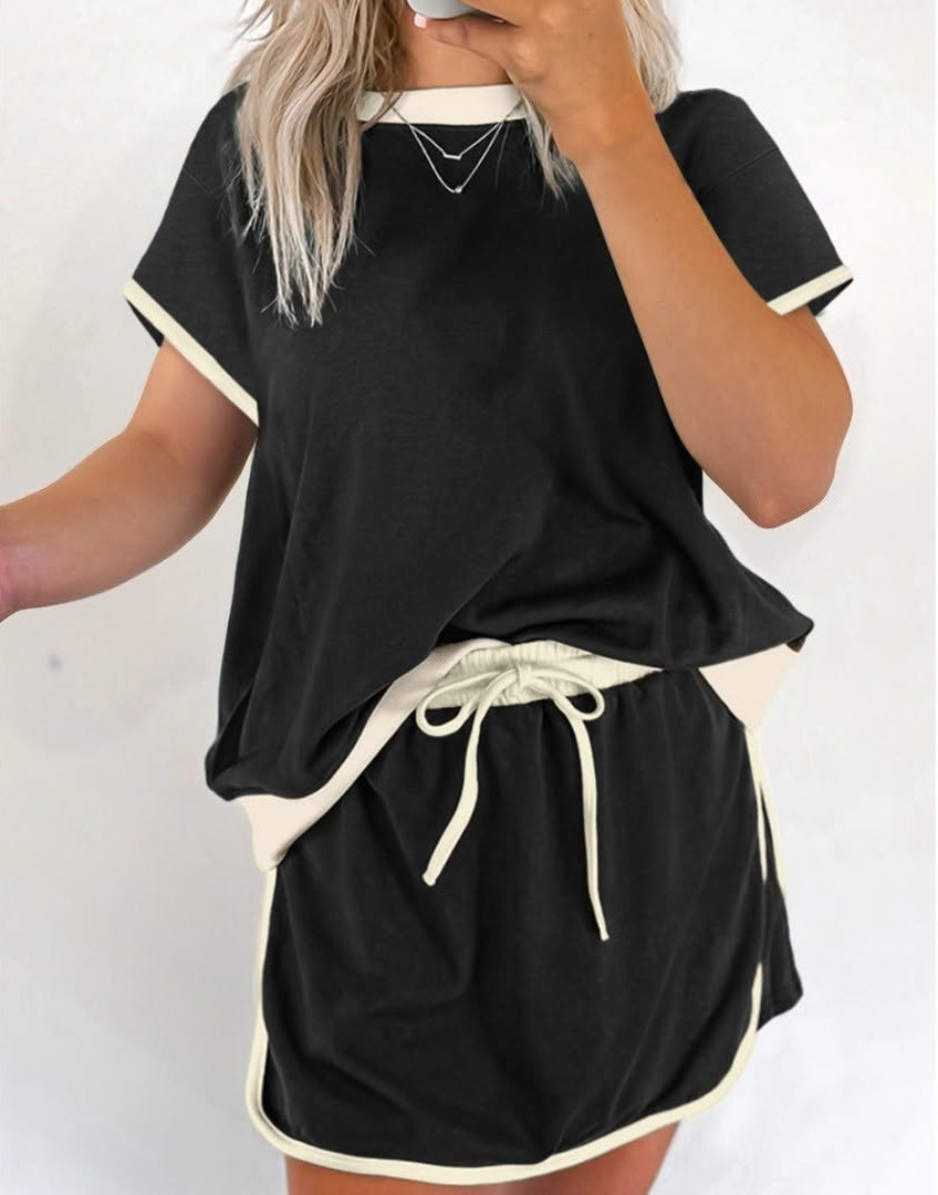 Women's Colorblock Edge Drop Shoulder T-Shirt Skort 2Pcs Set (Buy 2 Free Shipping)