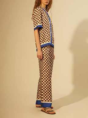 Unique Checkerboard Print Blue Stripe Splicing Loose Two Piece Set