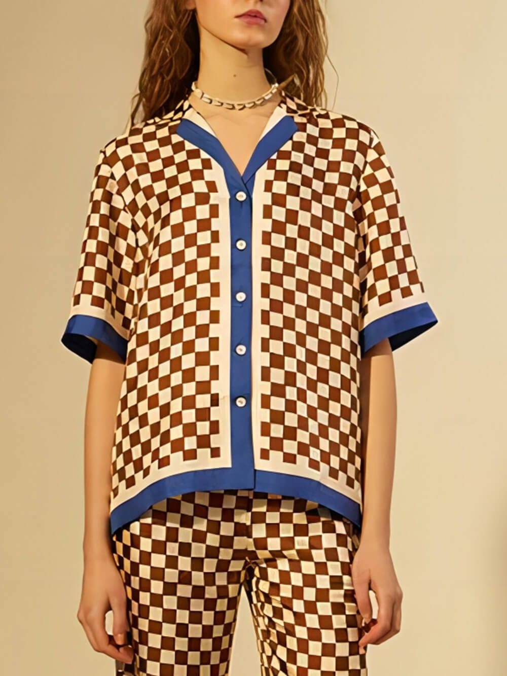 Unique Checkerboard Print Blue Stripe Splicing Loose Two Piece Set