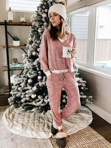 Women's Striped Christmas Print V Neck Tee & Drawstring Waist Pants Sets