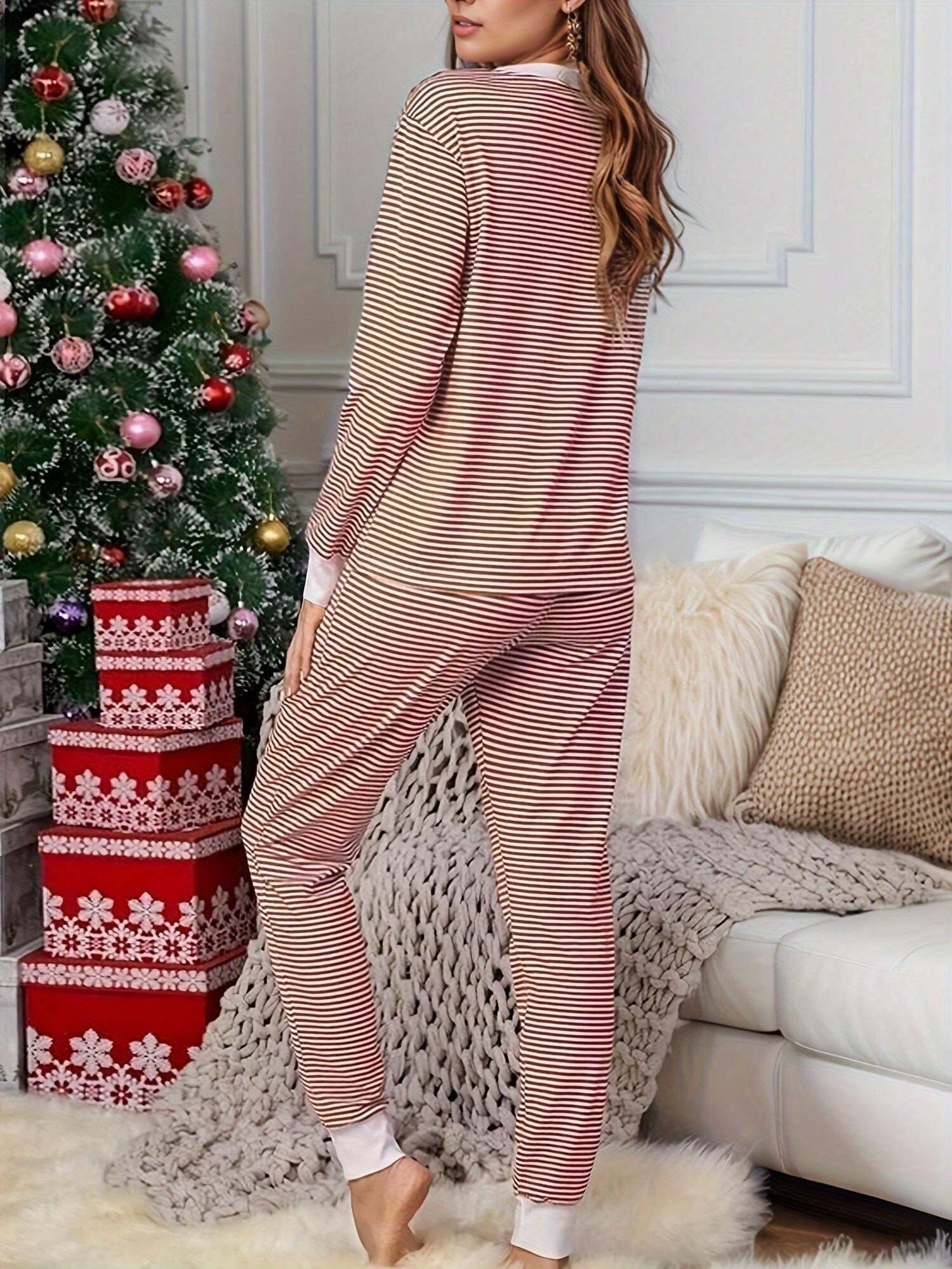 Women's Striped Christmas Print V Neck Tee & Drawstring Waist Pants Sets