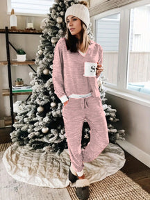 Women's Striped Christmas Print V Neck Tee & Drawstring Waist Pants Sets