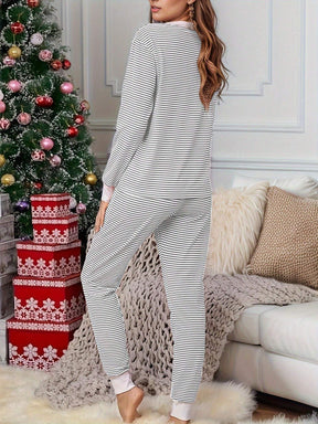 Women's Striped Christmas Print V Neck Tee & Drawstring Waist Pants Sets