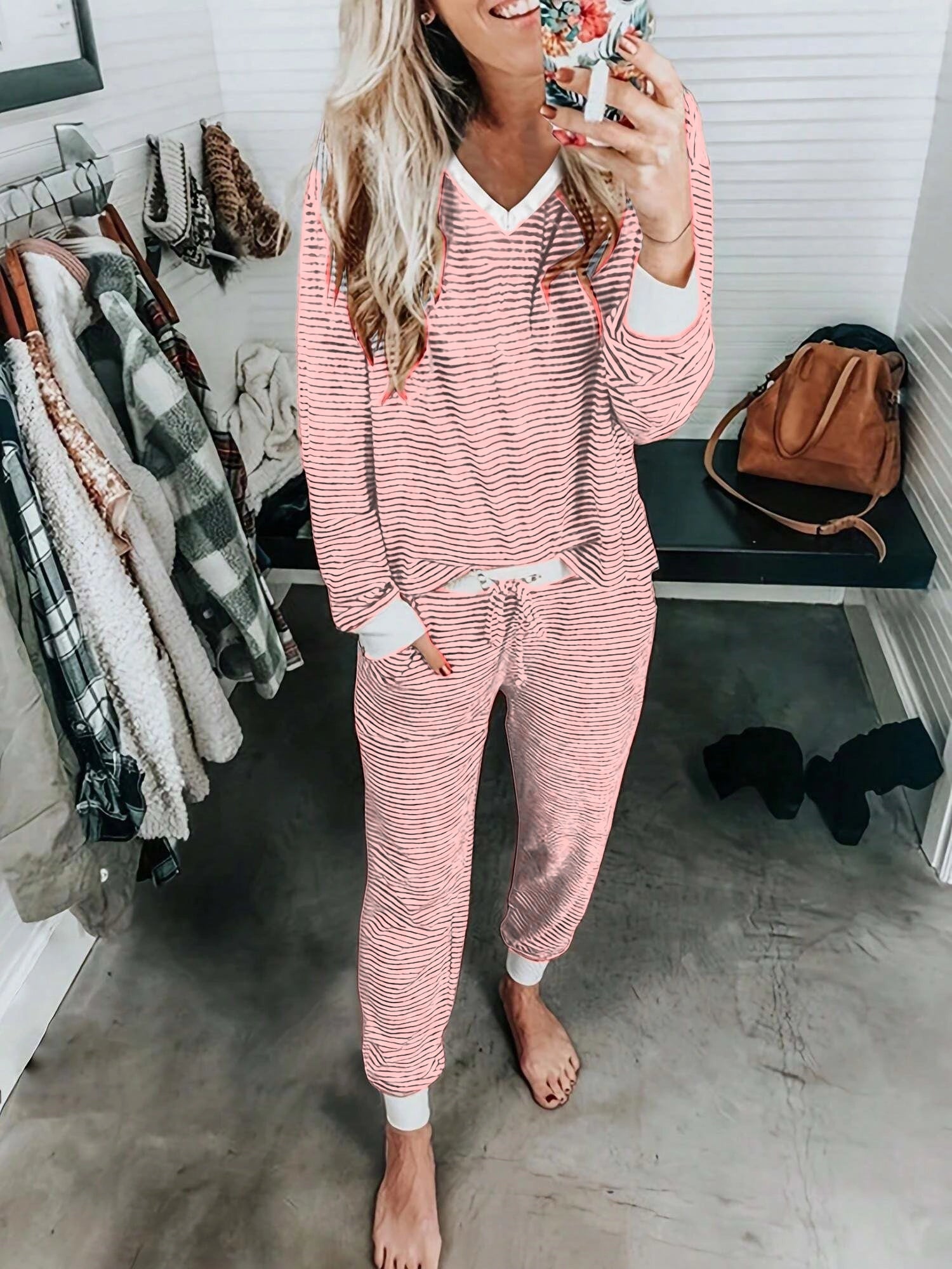 Women's Striped Christmas Print V Neck Tee & Drawstring Waist Pants Sets