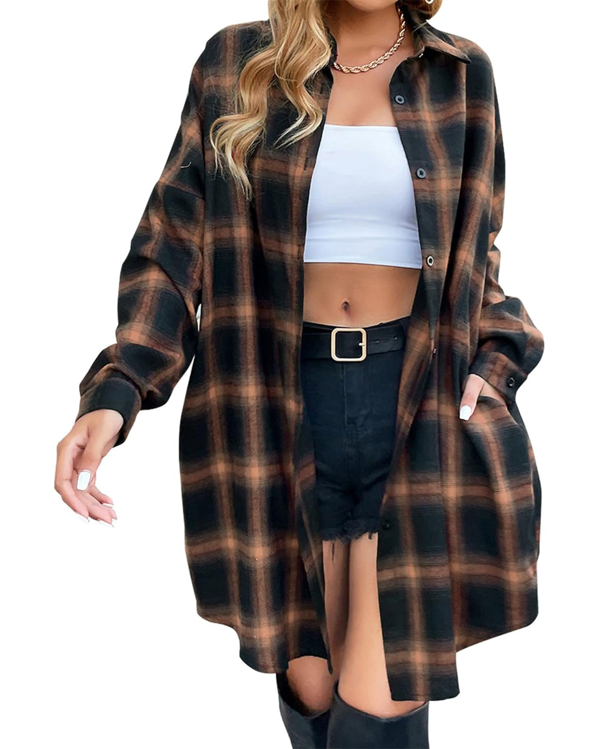 Button Down Flannel Shirts Plaid Shacket Collared Long Jacket Coats (Buy 2 Free Shipping)