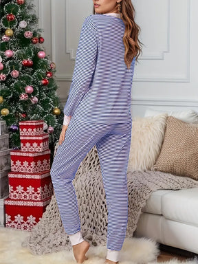 Women's Striped Christmas Print V Neck Tee & Drawstring Waist Pants Sets