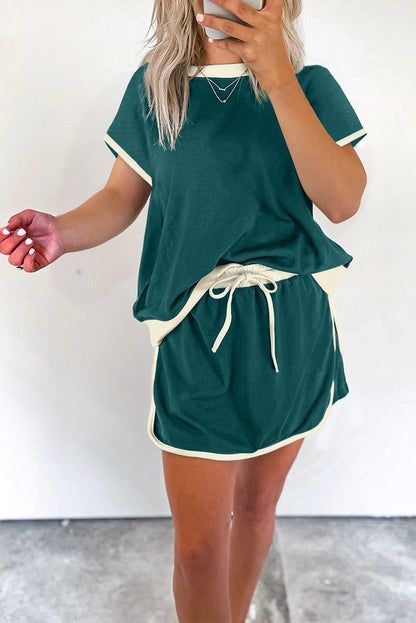 Women's Colorblock Edge Drop Shoulder T-Shirt Skort 2Pcs Set (Buy 2 Free Shipping)