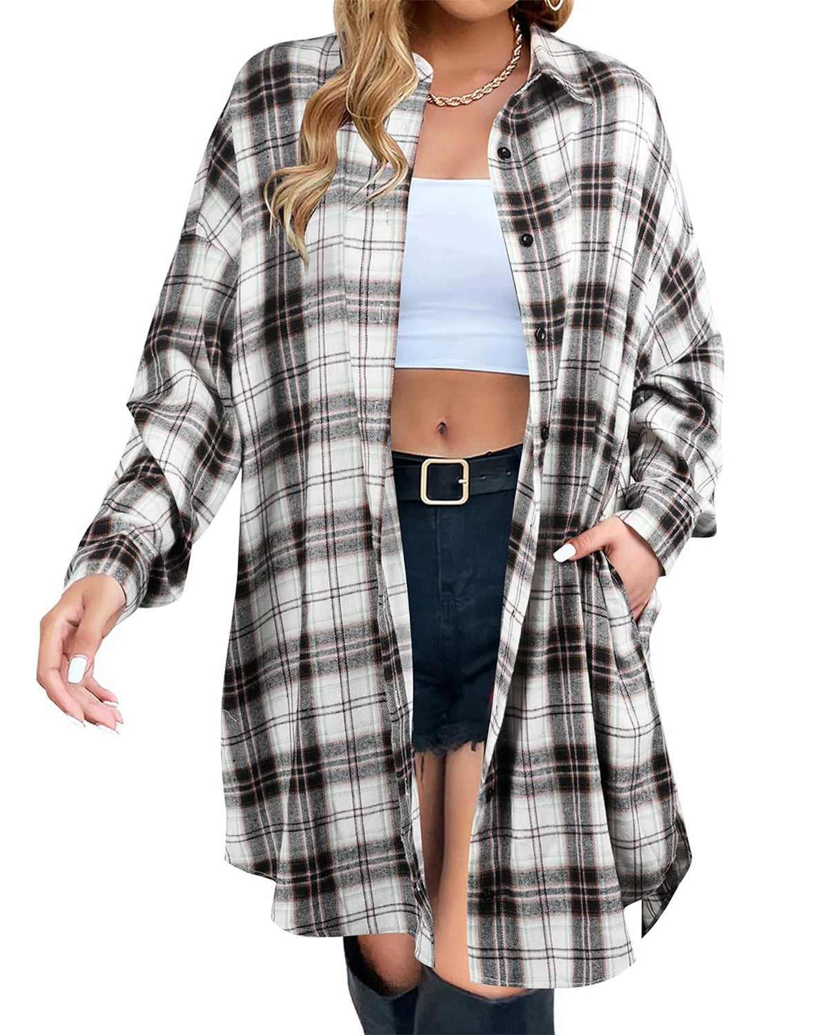 Button Down Flannel Shirts Plaid Shacket Collared Long Jacket Coats (Buy 2 Free Shipping)