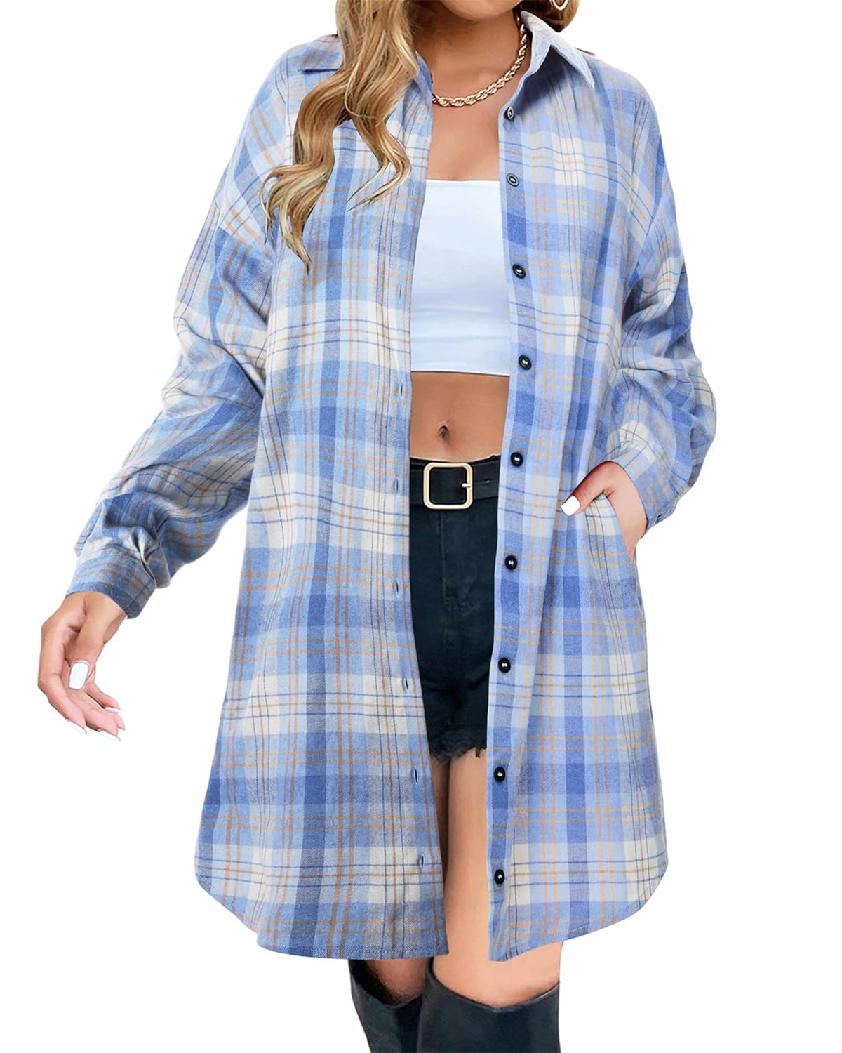 Button Down Flannel Shirts Plaid Shacket Collared Long Jacket Coats (Buy 2 Free Shipping)