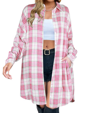 Button Down Flannel Shirts Plaid Shacket Collared Long Jacket Coats (Buy 2 Free Shipping)