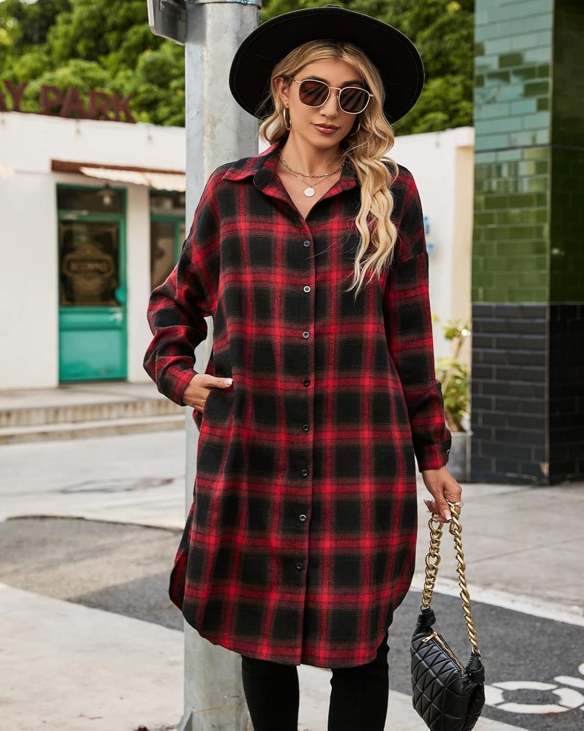 Button Down Flannel Shirts Plaid Shacket Collared Long Jacket Coats (Buy 2 Free Shipping)