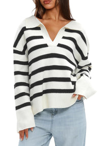 Women's Polo V Neck Striped Knitted Sweater (Buy 2 Free Shipping)