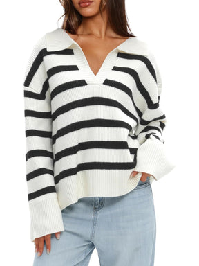 Women's Polo V Neck Striped Knitted Sweater (Buy 2 Free Shipping)