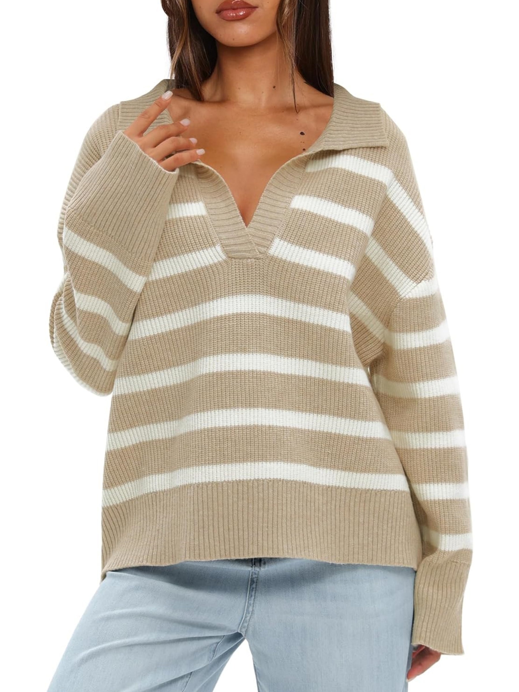 Women's Polo V Neck Striped Knitted Sweater (Buy 2 Free Shipping)