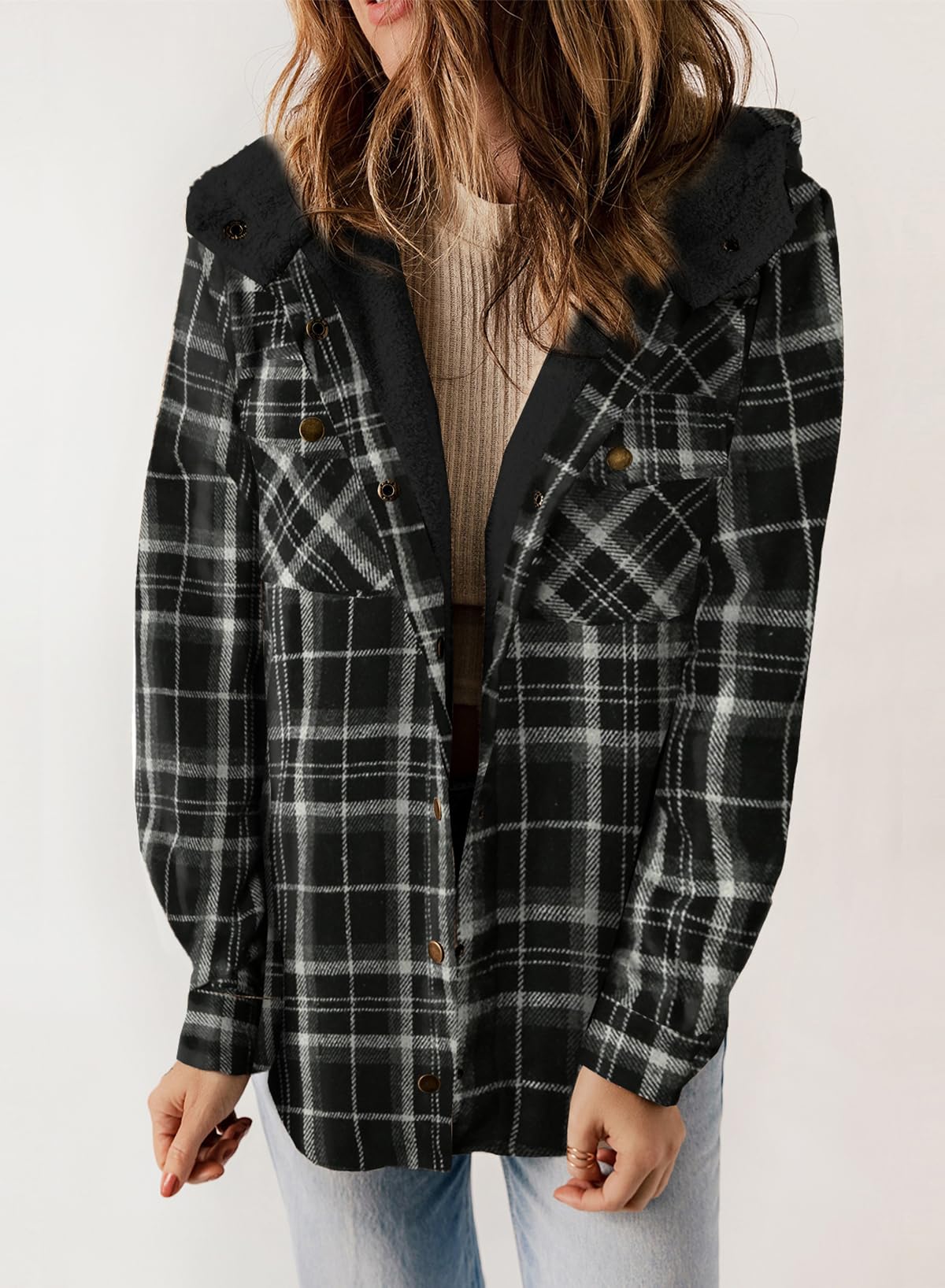 ⏰Hot Sale-Women's Thickened Flannel Long Sleeve Plaid Jacket Coat with Hood(Buy 2 Free Shipping)