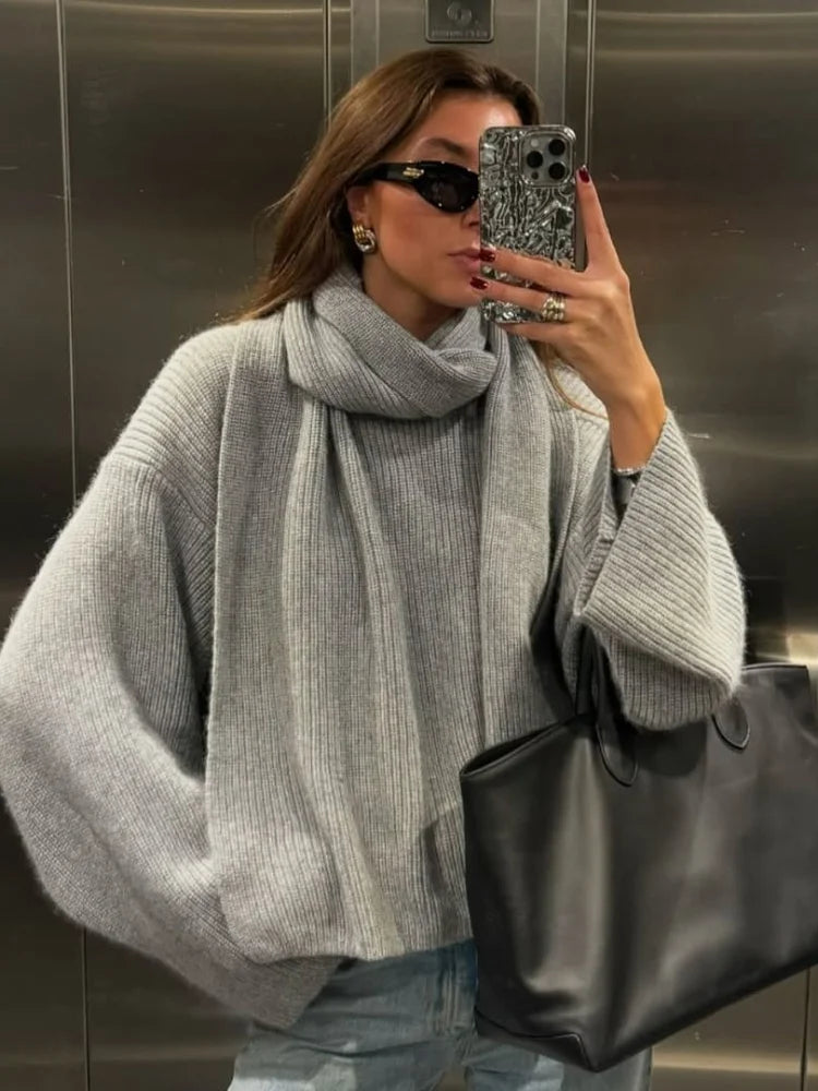 Oversized Grey Sweater - Women's Long-Sleeved Knitted Pullover