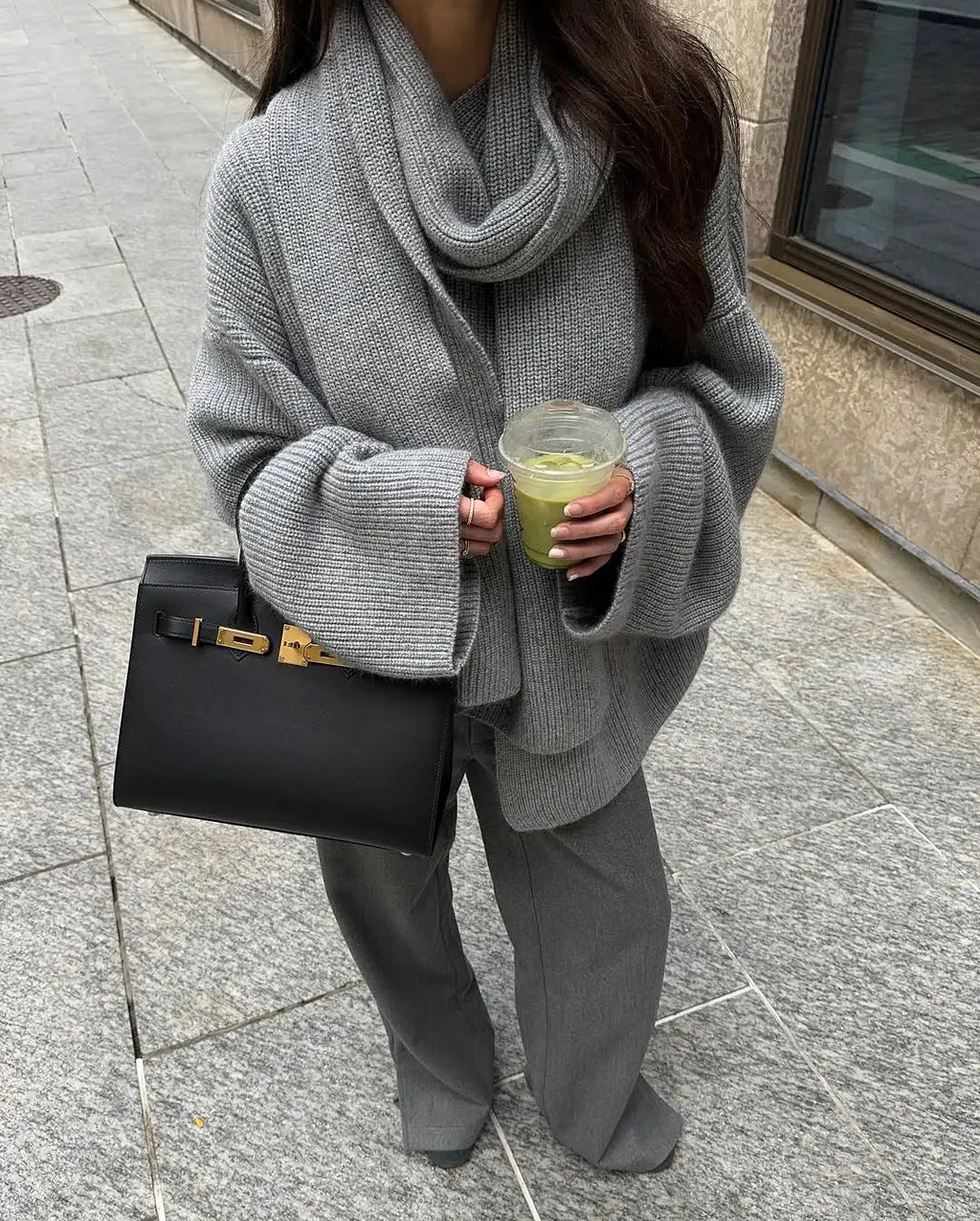 Oversized Grey Sweater - Women's Long-Sleeved Knitted Pullover