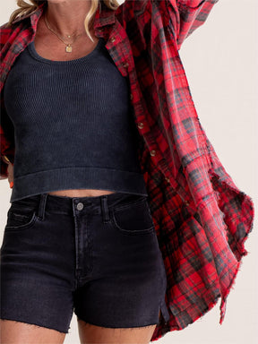 Women's Mineral Washed Button Down Plaid Shirt (Buy 2 Free Shipping)