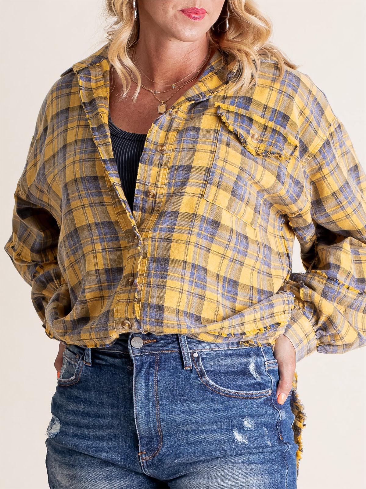 Women's Mineral Washed Button Down Plaid Shirt (Buy 2 Free Shipping)