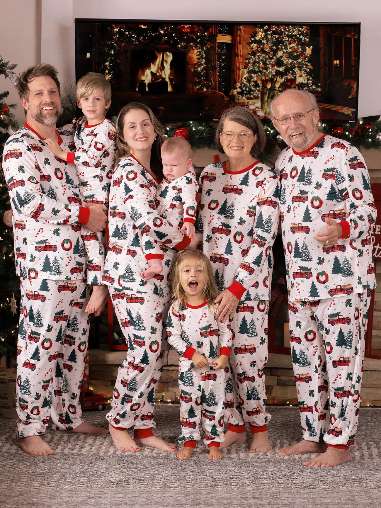 Family Christmas Pajamas Tree & Car Print White Long-sleeve Pajamas Sets