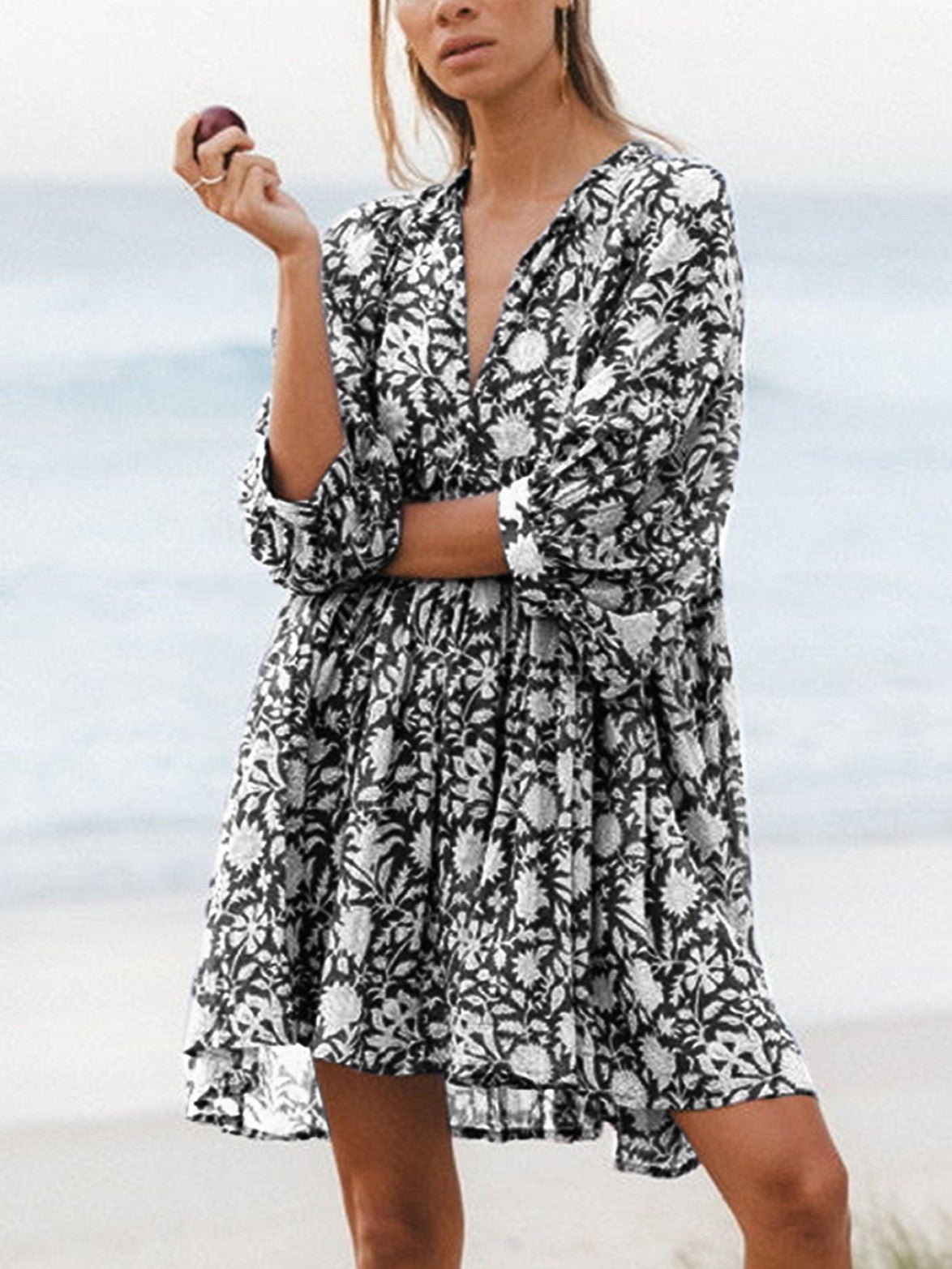 WOMEN'S V NECK HALF SLEEVE FLORAL TUNIC SHORT DRESS (BUY 2 FREE SHIPPING)