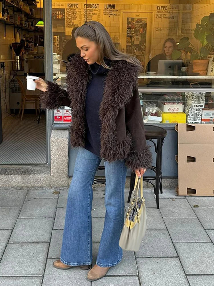 Faux fur coat with daisies