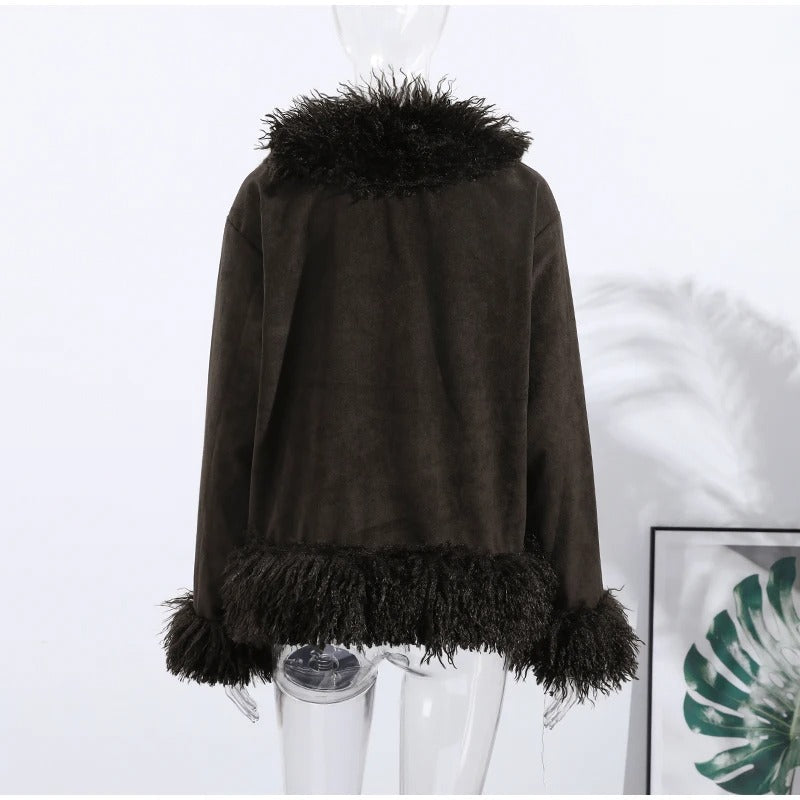 Faux fur coat with daisies