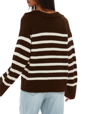 Women's Polo V Neck Striped Knitted Sweater (Buy 2 Free Shipping)