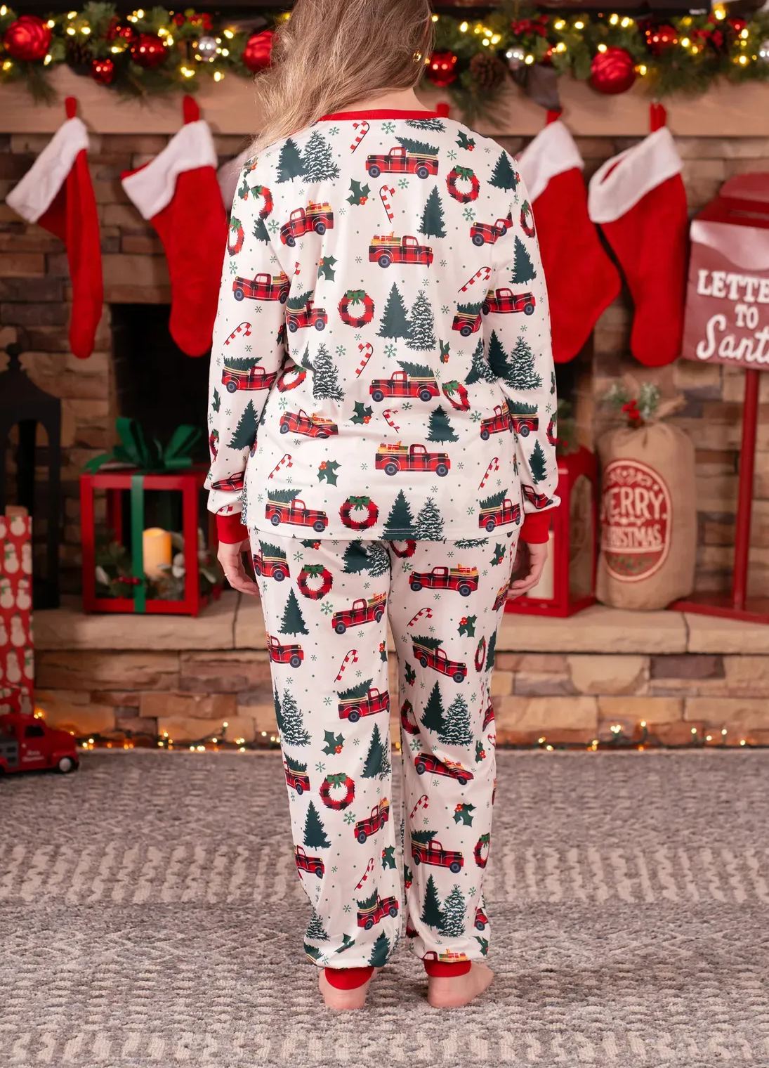 Family Christmas Pajamas Tree & Car Print White Long-sleeve Pajamas Sets