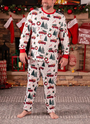 Family Christmas Pajamas Tree & Car Print White Long-sleeve Pajamas Sets