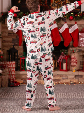 Family Christmas Pajamas Tree & Car Print White Long-sleeve Pajamas Sets