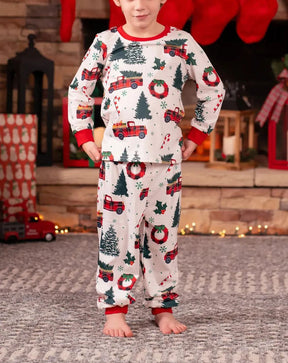 Family Christmas Pajamas Tree & Car Print White Long-sleeve Pajamas Sets