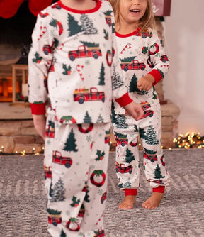 Family Christmas Pajamas Tree & Car Print White Long-sleeve Pajamas Sets