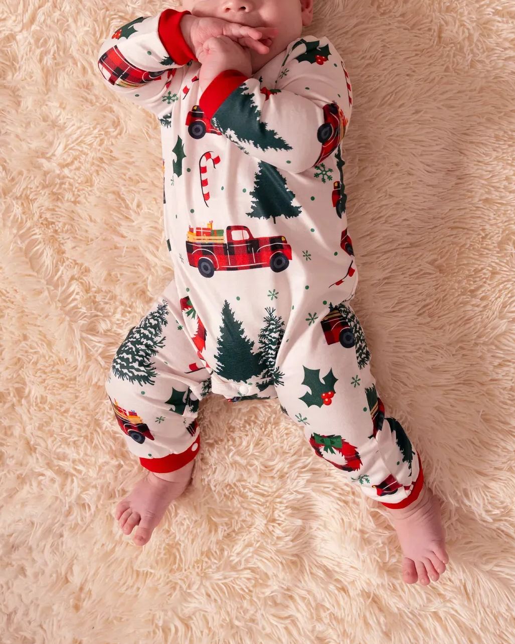 Family Christmas Pajamas Tree & Car Print White Long-sleeve Pajamas Sets